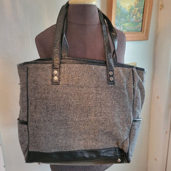 Thirty-One Large Gray Tweed Tote Bag With Black Faux Leather Trim & Double Handl - Picture 1 of 11